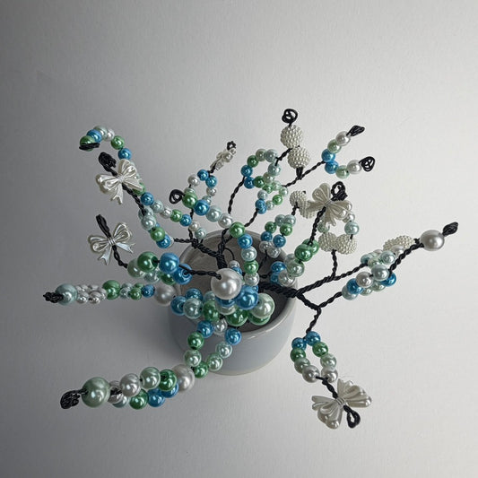 Lebensbaum Perlenbäumchen Schleifen Bonsai Dekoration mit blau-grünen Perlen handgemacht