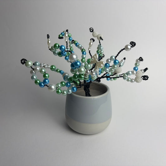 Lebensbaum Perlenbäumchen Schleifen Bonsai Dekoration mit blau-grünen Perlen handgemacht