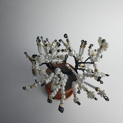 Tree of Life Beaded Bonsai Decoration with White and Gold Beads Handmade