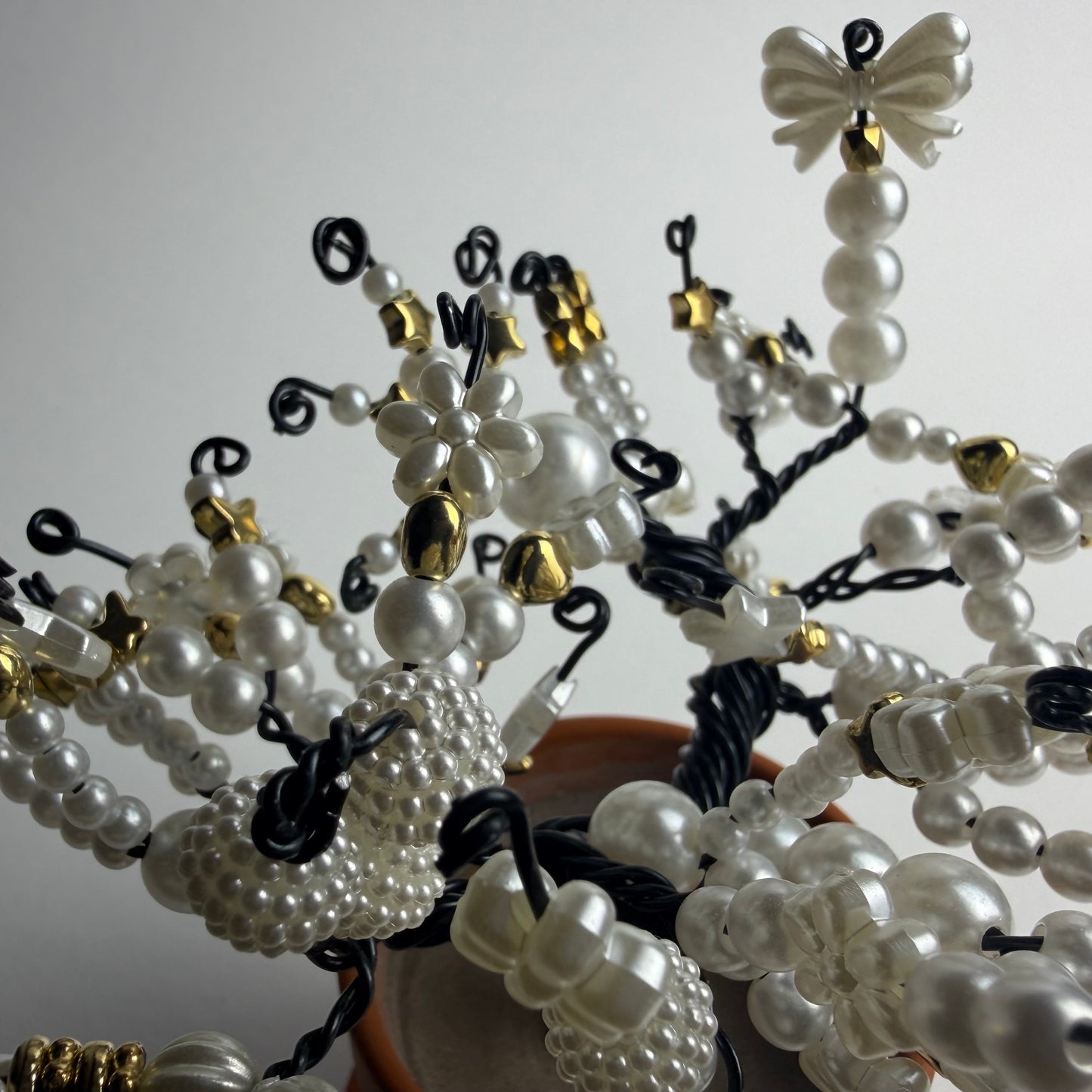Tree of Life Beaded Bonsai Decoration with White and Gold Beads Handmade