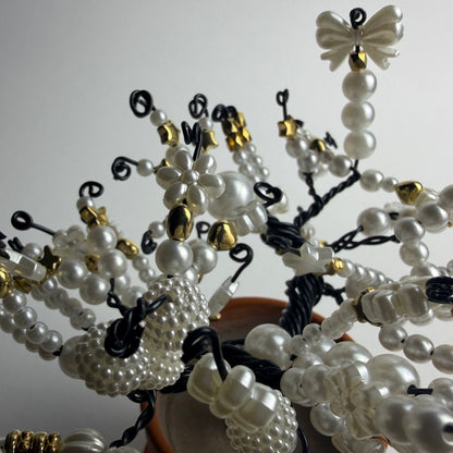 Tree of Life Beaded Bonsai Decoration with White and Gold Beads Handmade
