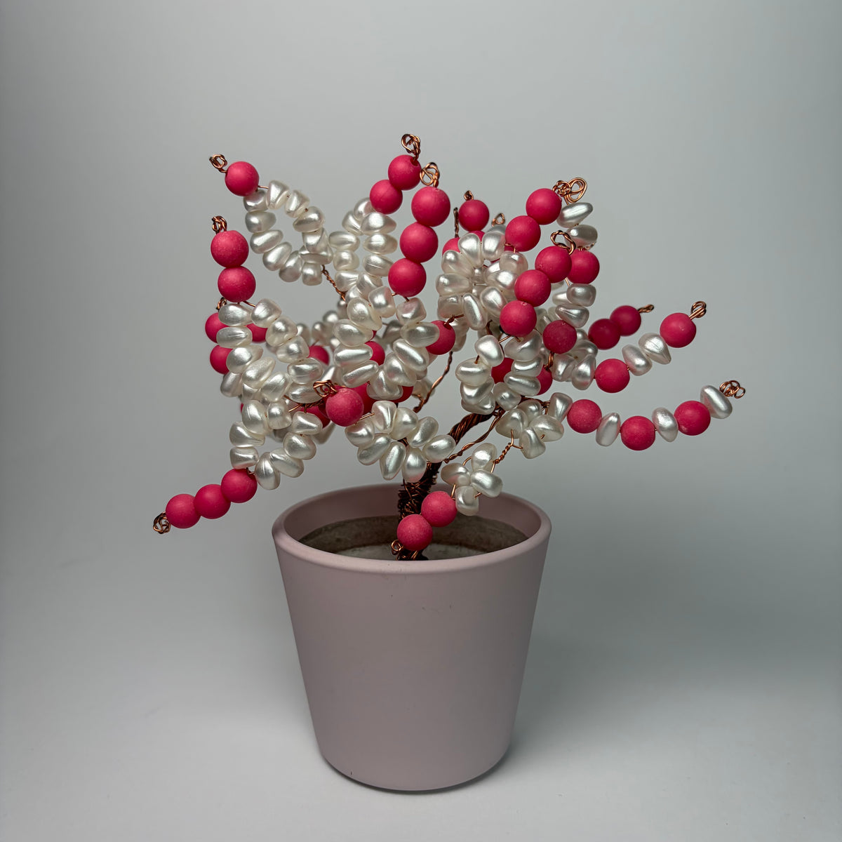 Tree of Life beaded bonsai decoration with pink beads and white stones handmade